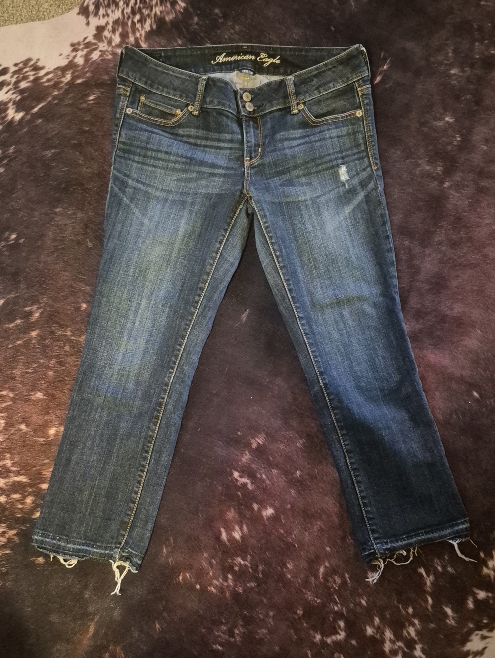 American Eagle Outfitters Dark Blue Cropped Straight Jeans with Raw Hem